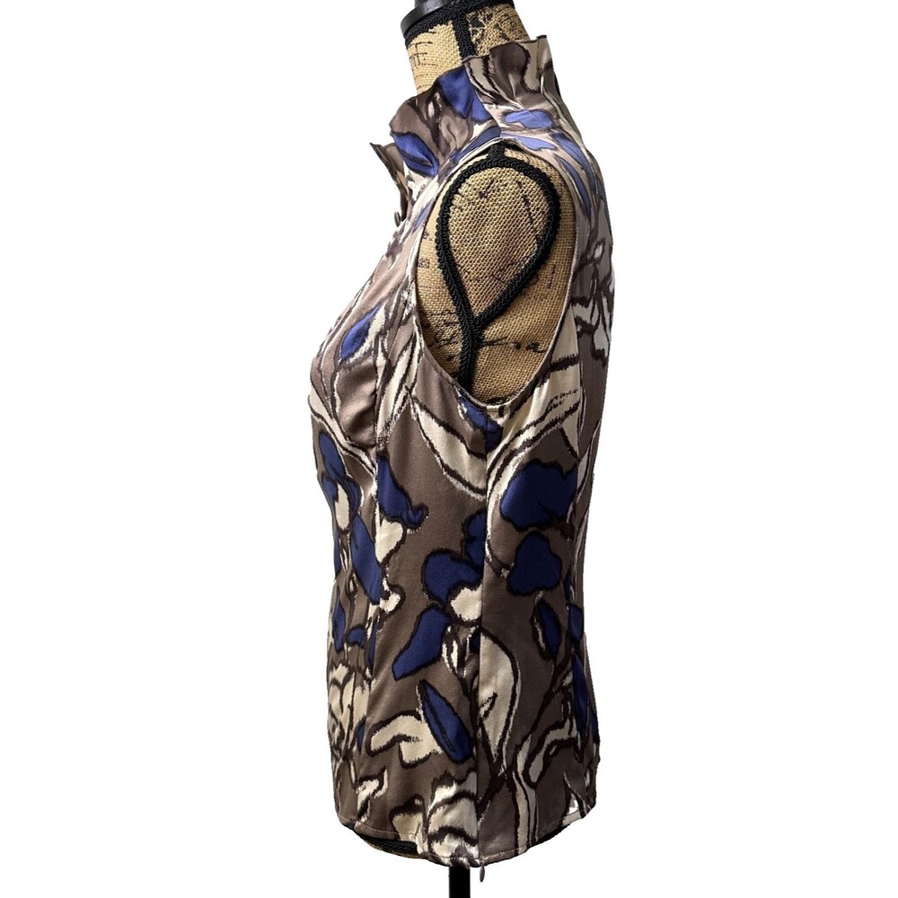 ETCETERA Women's Taupe/Blue Floral Silk Mock Neck Sleeveless Top Blouse Sz 6 - Picture 3 of 14